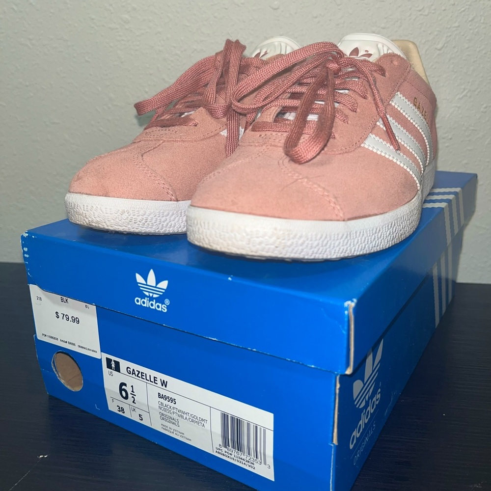 adidas Originals Gazelle Trainers - Ftwr White/Pink Glow/Gold Metallic -Size 6.5